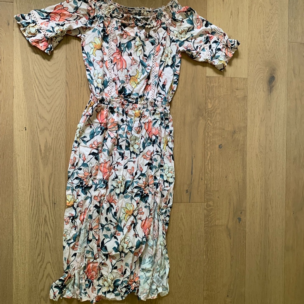 Pink spring floral off the shoulder maxi dress